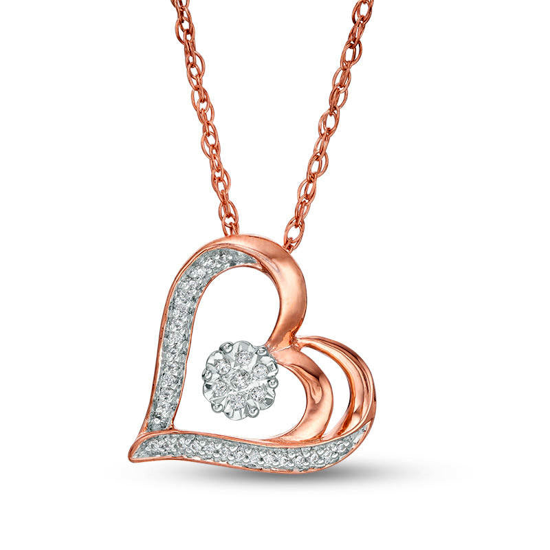 10K Pembe Altında 0.07 CT. T.W. Doğal Elmas Çiçek ve Kalp Çizgili Kolye